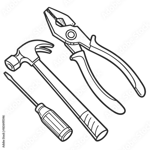 A simple line drawing illustration of a claw hammer a screwdriver and pliers arranged on a white background