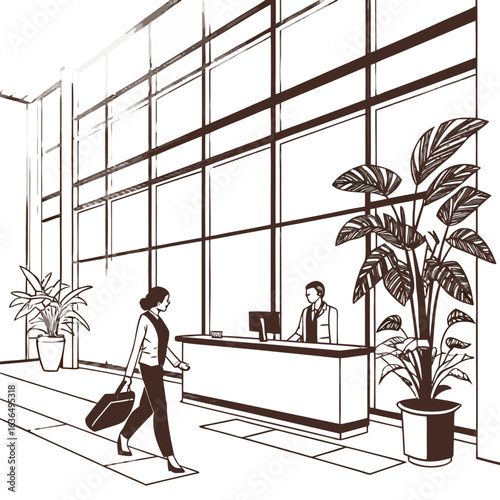 Businesswoman with briefcase approaches reception desk in modern office lobby with large windows and plants