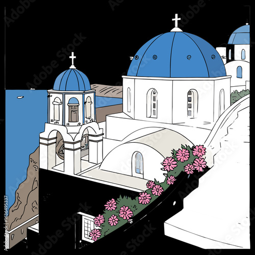 Charming illustration of iconic blue domed churches and white buildings on a cliff overlooking the sea