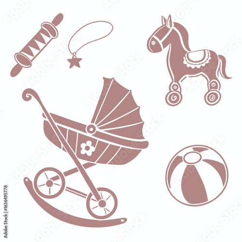 Collection of vintage baby and child toys including a rocking horse carriage ball and rolling pin