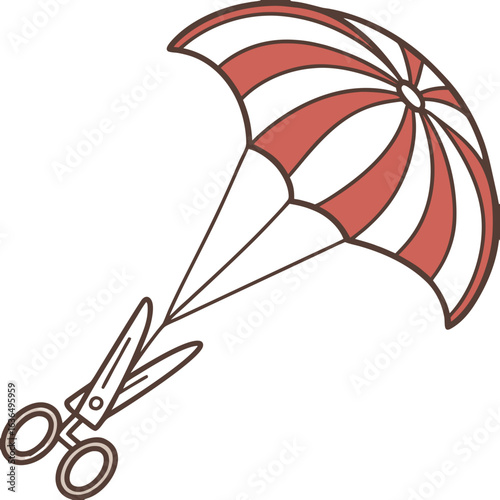 Creative concept of scissors cutting the lines of a parachute symbolizing freedom or escape