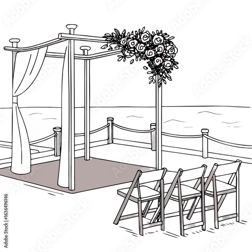 Elegant wedding ceremony setup with floral arch and seating arrangement ready for guests