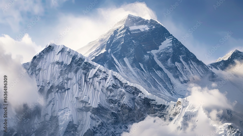 Obraz premium Snow-Capped Mountains Mirror in Clear Blue Sky and Lake: A Vivid Scene of Majestic Peaks Reflecting in Pristine Waters Under a Lively Azure Sky