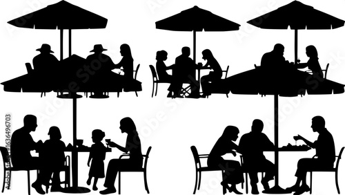 "Silhouette-style collection of outdoor dining scenes, each featuring a different family configuration (2 adults, 2-3 kids). Some tables have umbrellas, and all are shown from a slightly elevated, sid