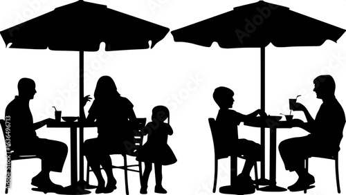 "Simple silhouette artwork of different families dining at separate tables in an outdoor cafe. Each scene features two adults and two or three children, in casual clothing, shown mid-meal. Tables are 