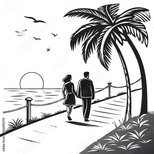 Romantic couple walking hand in hand along a tropical beach promenade at sunset under a palm tree