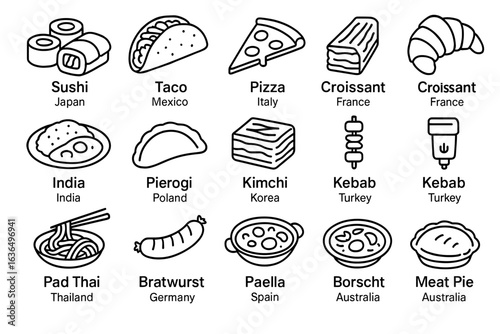 Icon set of international foods including sushi, taco, pizza, croissant, pad thai
