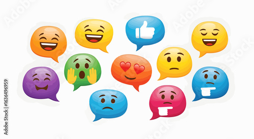 Expressive emoji speech bubbles conveying joy, love, sadness, surprise, and other emotions for digital communication and social media