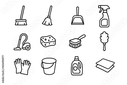 Icons of cleaning tools: broom, mop, dustpan, spray bottle, vacuum, sponge, brush, feather duster