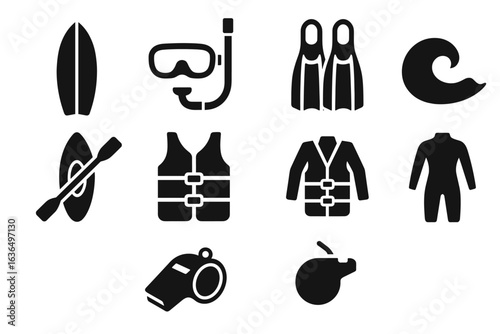 Water sports gear icons: surfboards, snorkel, fins, kayak, life vest, wetsuit, whistle, buoy
