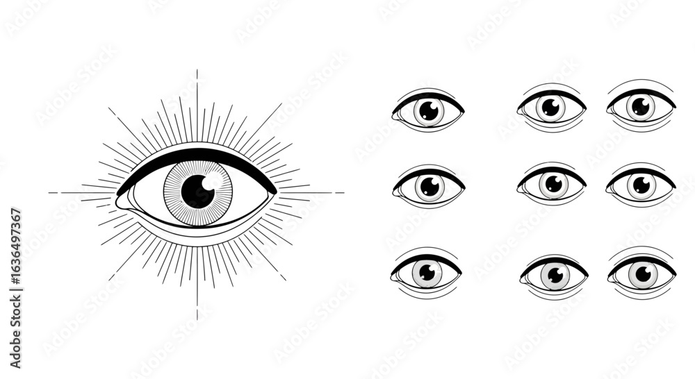 Fototapeta premium Mystical eye symbol with radiating lines and various eye illustrations, perfect for design and spiritual concepts, visually striking and memorable.