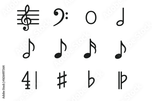 Musical symbols: notes, clefs, and accidentals displayed in simple black icons