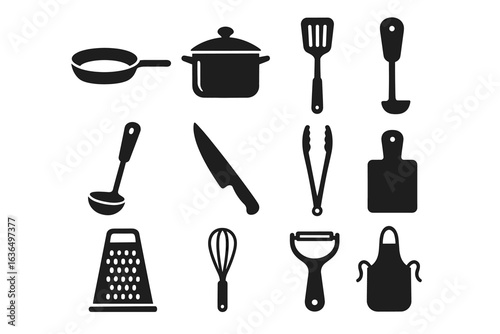 Silhouette icons of kitchen utensils set including knife and frying pan