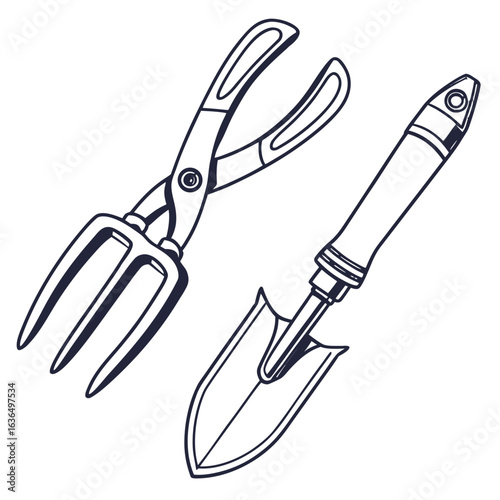 Stylized outline drawing of garden tools including a hand trowel and hand pruners on a black background