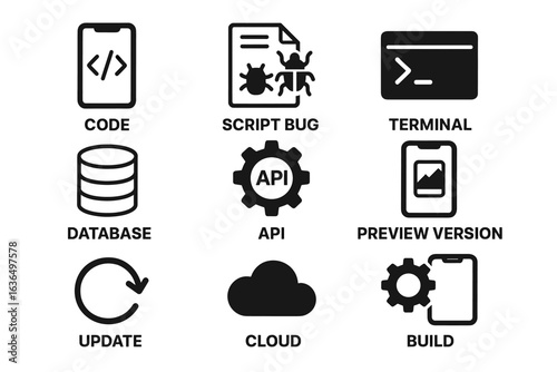 Tech icons: code, script bug, terminal, database, api, preview version