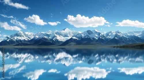Snow-Capped Mountains Mirror in Clear Blue Sky and Lake: A Vivid Scene of Majestic Peaks Reflecting in Pristine Waters Under a Lively Azure Sky
