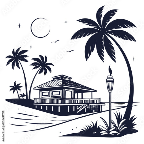 Tropical bungalow on stilts at night under a moonlit sky with palm trees and a tiki torch