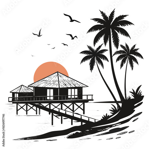 Tropical island bungalow with palm trees and birds flying during a vibrant orange sunset over the ocean