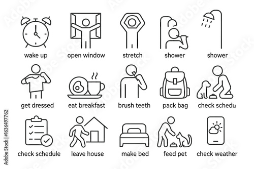 Daily morning routine icon set featuring common activities in simple line art style