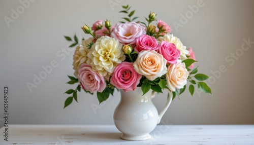 A floral arrangement in a white ceramic pitcher filled with hydrangeas and garden roses set against a neutral backdrop