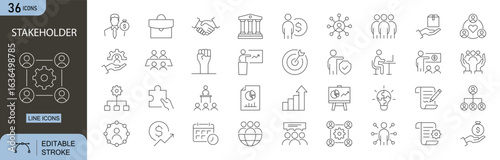 Stakeholder icons set. Includes icons for team, partnership, communication, agreement, collaboration, decision-making, and influence. Editable stroke. Line icons. Perfect for business and management.