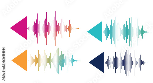 Dynamic audio waveforms with colorful play buttons, perfect for music, podcasts, sound design, and multimedia projects, modern and vibrant