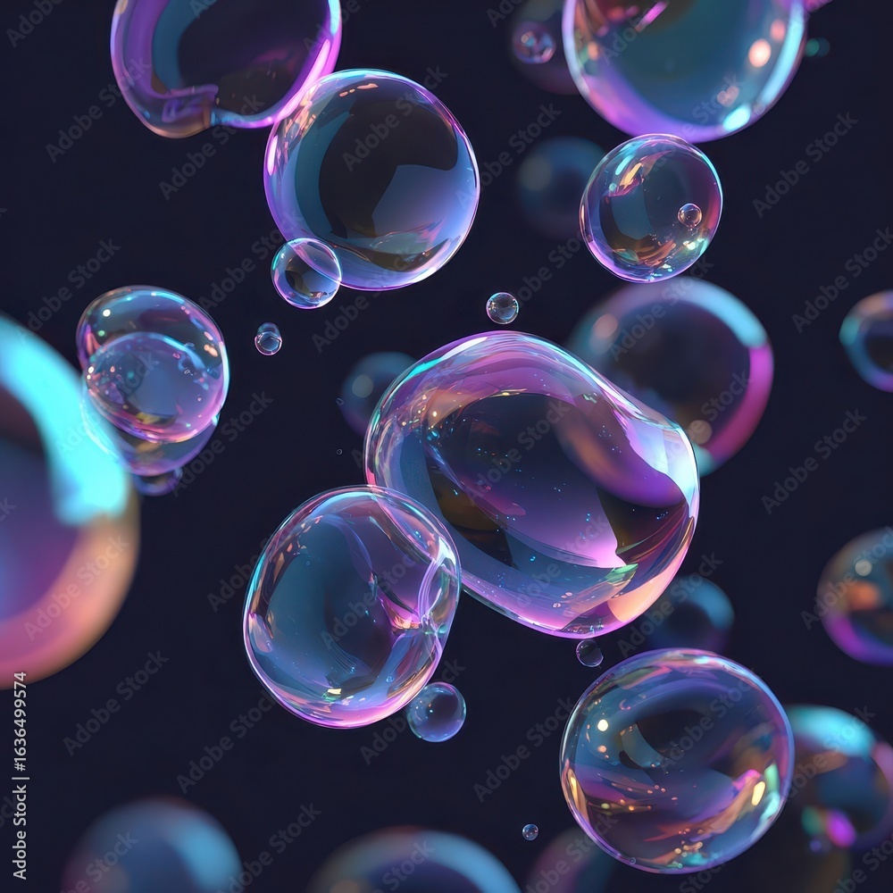 Naklejka premium Iridescent Bubbles Float in Dark Space, Abstract Background, Design Element