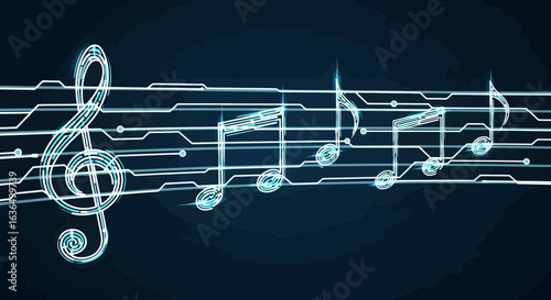 Dynamic glowing musical notes and treble clef illustration on a futuristic blue background, perfect for music apps and technology concepts