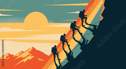 Adventurous climbers scaling vibrant mountain peak at sunrise, achieving goals, teamwork, courage, and determination in a stunning retro style