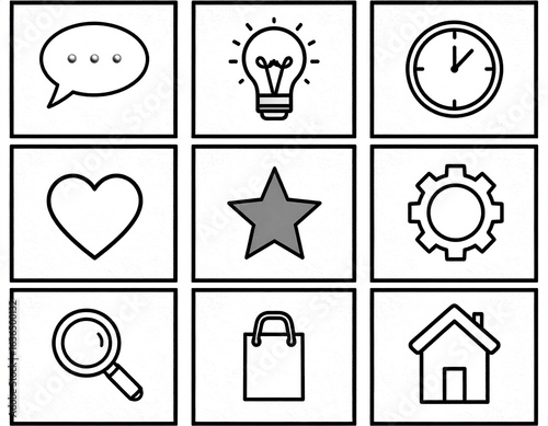 Minimalist Outline Icons Set with Speech Bubble, Light Bulb, Clock, Heart, Star, Gear, Search, Shopping Bag, and Home