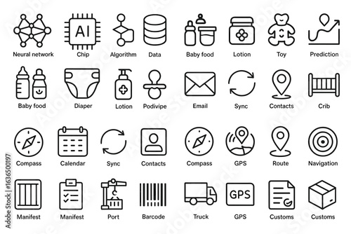 Tech and parenting icons collection: ai, baby essentials, navigation, and logistics
