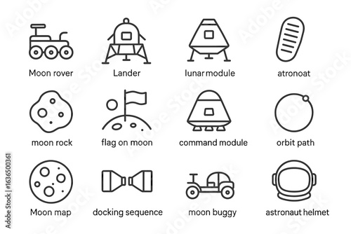Icons of moon exploration: rover, lander, astronaut, and more