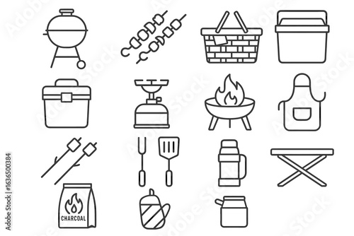 Outdoor barbecue equipment icons: grill, skewers, picnic basket, cooler, apron, thermos