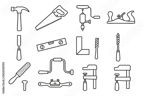 Collection of various hand tools including hammer, saw, drill, level, and chisel