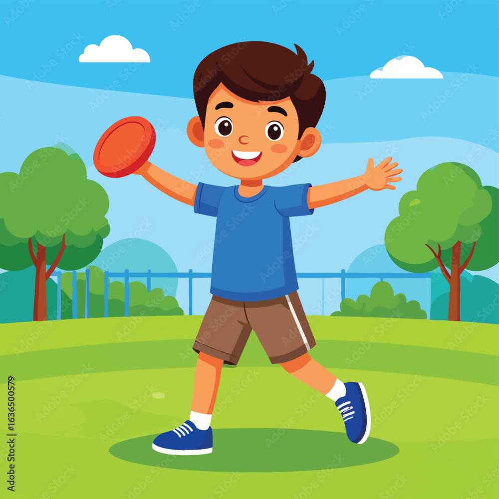 Fototapeta premium A young boy with brown hair and a blue shirt throws a red frisbee in a park.