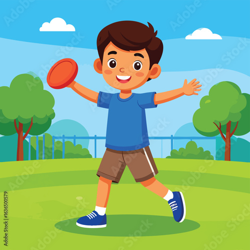 A young boy with brown hair and a blue shirt throws a red frisbee in a park.