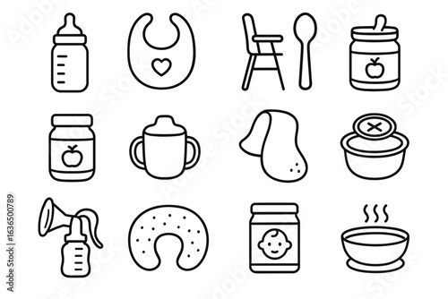 Baby essentials icons: bottles, bibs, high chair, spoons, and food jars in simple line art