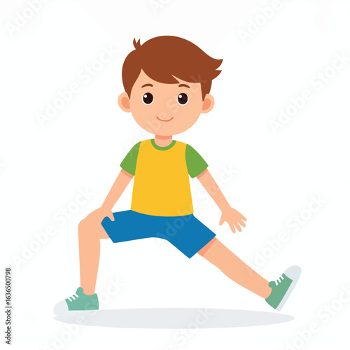 Cartoon boy in blue shorts and yellow shirt stretching his legs, doing a side lunge exercise.