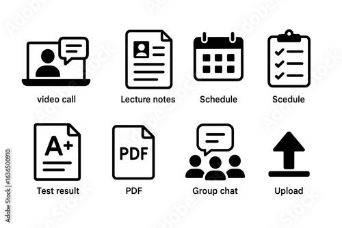 Educational icons: video call, lecture notes, schedule, test results, group chat, pdf, upload