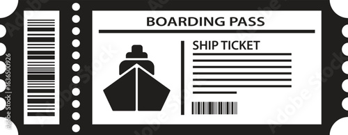 Black and white ship boarding pass ticket illustration
