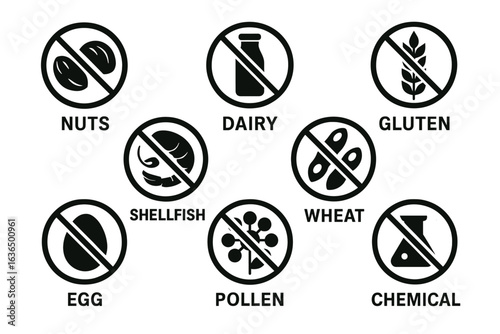 Common food allergy icons highlighting nuts, dairy, gluten, and more