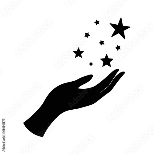 Silhouette of a hand releasing glowing stars into the sky with transparent background
