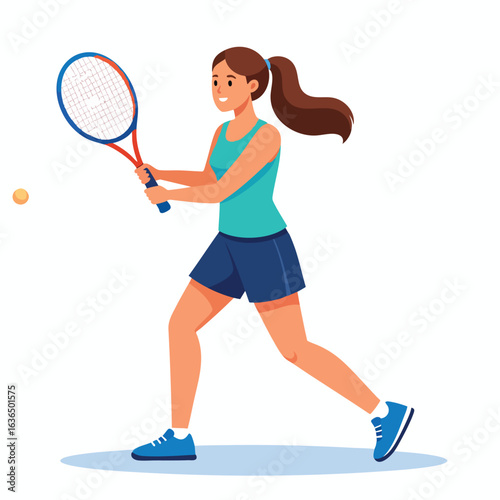 A smiling woman plays tennis, powerfully swinging her racquet to hit the approaching ball.