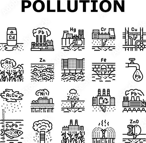 heavy metal pollution icons set vector