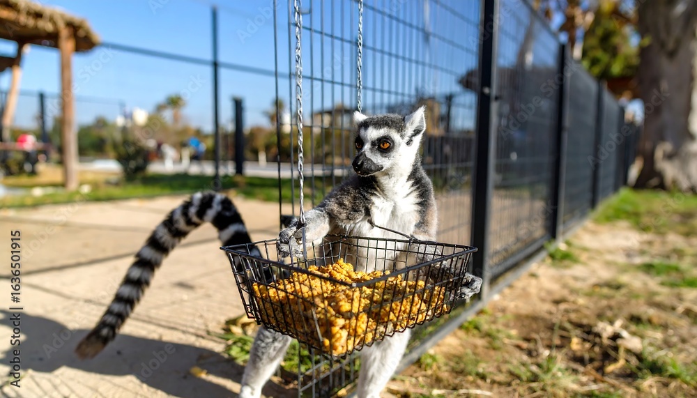 Obraz premium Ring-tailed lemur holding basket of food