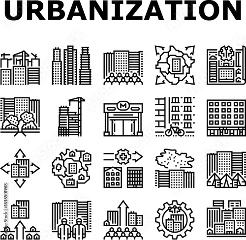 urbanization city development icons set vector