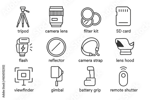Camera equipment icons: tripod lens filter flash strap hood viewfinder gimbal