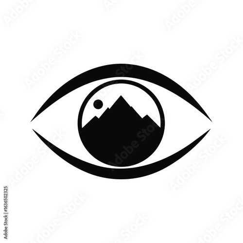 Silhouette of an eye with a scenic mountain iris view inside with transparent background