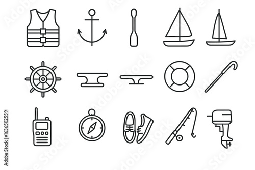 Nautical icons set: life vest, anchor, paddle, sailboat, helm, cleat, lifebuoy, cane, compass, shoes, fishing rod, motor