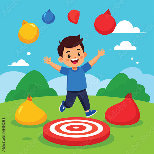 A happy boy is playing outdoors, throwing colorful beanbags at a target on a sunny day.